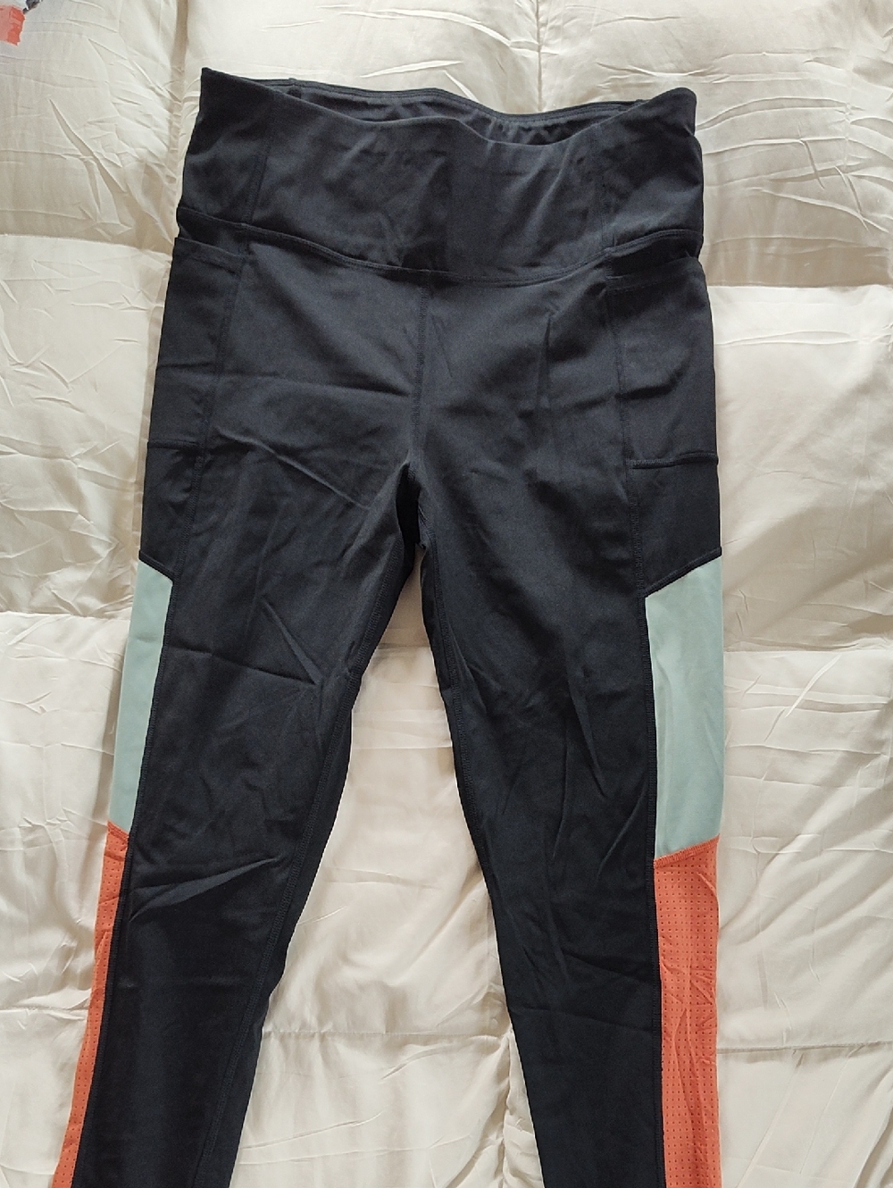 High-Waist Black Leggings with Mint and Rust Colorblock